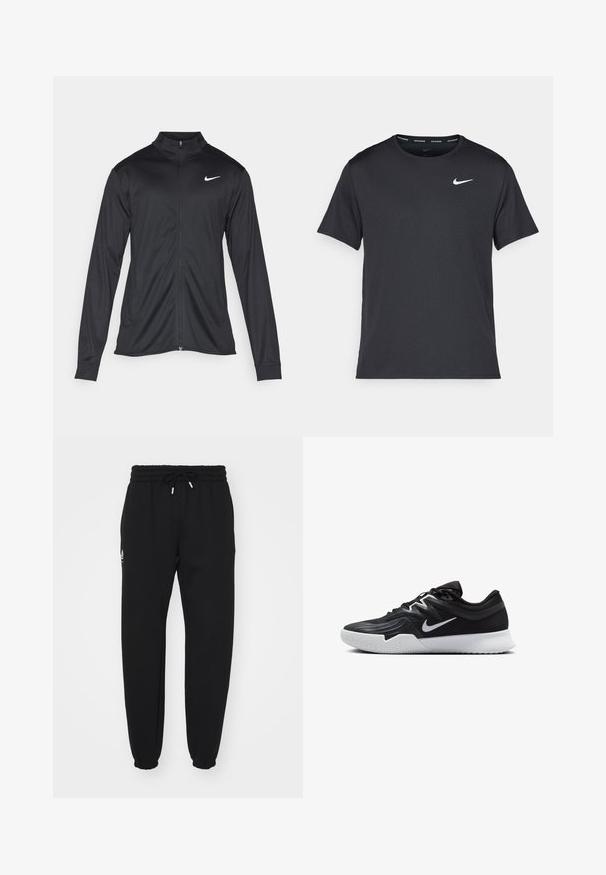 Jachetă sportivă neagră cu mâneci lungi, guler și fermoar complet. Prezintă un logo Nike subtil, alb, pe pieptul din stânga sus. Textură netedă.; Tricou de alergare Nike negru, fabricat dintr-un material ușor și respirabil, cu mâneci scurte și un mic logo alb pe piept.; Pantaloni de trening negri dintr-un material moale, cu talie elastică dotată cu șnur, manșete elastice și un mic detaliu cu logo pe lateral.; Pantof sport negru cu un superior texturat, swoosh alb Nike și o tălpică din cauciuc alb. Dispune de un design cu șireturi și o formă dinamică.