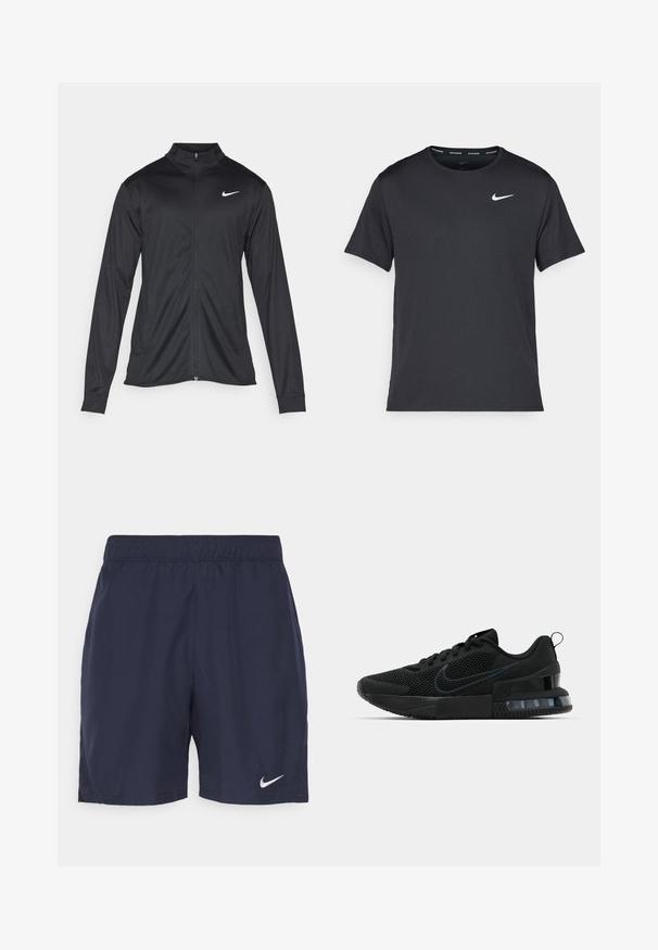 Must värvi sportlik jakk pikkade varrukatega, krae ja täispikk tõmblukk. Ülemises vasakus rinnas on diskreetne valge Nike logo. Sile tekstuur.; Mustamust Nike'i jooksupaita, mis on valmistatud kergest ja hingavast materjalist, lühikeste varrukatega ja mille rinnal on väike valge logo.; Tumesinised spordilühikesed püksid, mis on valmistatud kerge kangaga, kummist vöökoha ja väike valge Nike logo vasakul jalal.; Must must Ameerika must must must must must must must
