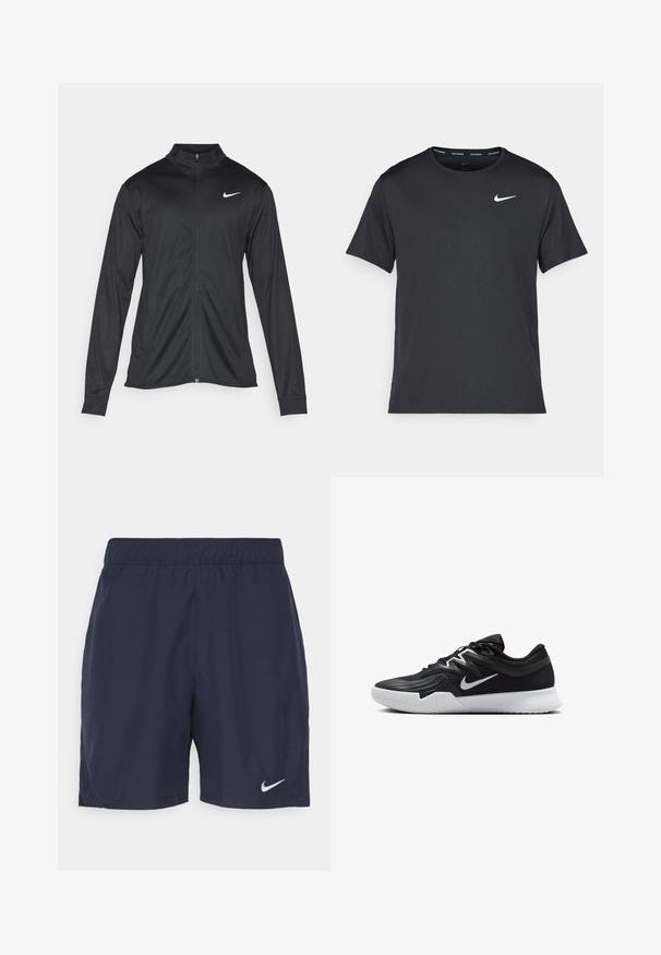 Musta urheilutakki pitkillä hihoilla, kauluksella ja kokonaisella vetoketjulla. Täydentää hienovarainen Nike-logo valkoisena vasemmassa ylärinnassa. Litteä pinta.; Musta Nike juoksupaita, joka on valmistettu kevyestä ja hengittävästä materiaalista. Paidassa on lyhyet hihnat ja pieni valkoinen logo rinnassa.; Merelliset siniset urheilushortsit, jotka on valmistettu kevyestä kankaasta. Niissä on joustava vyötärö ja pieni valkoinen Nike-logo vasemmassa lahkeessa.; Musta urheilukenkä, jossa on teksturoitu päällinen, valkoinen Nike-tikkaus ja valkoinen kumipohja. Kenkässä on nauhakuji ja dynaaminen muoto.