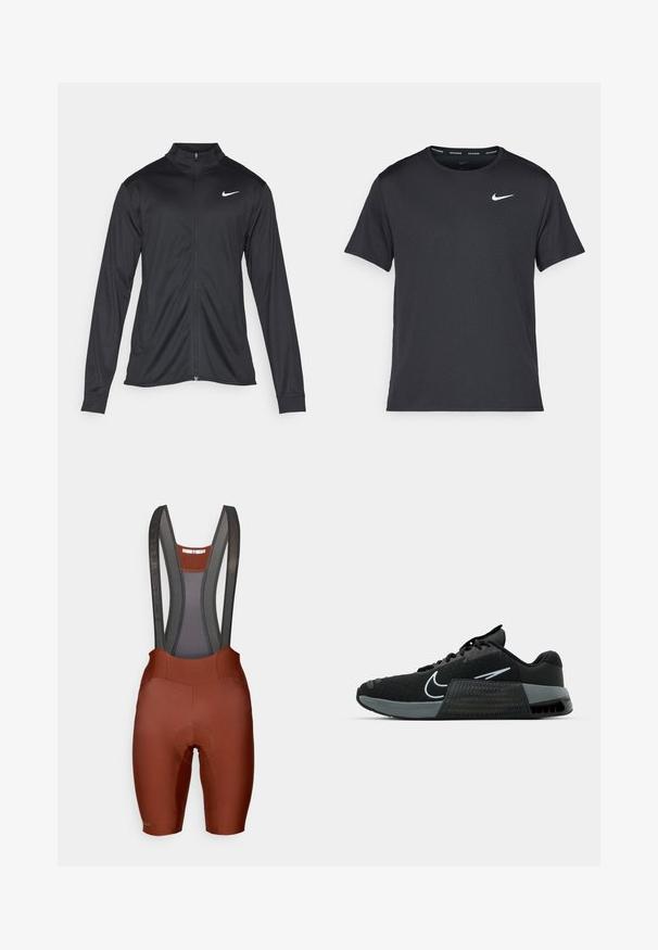 Black athletic jacket with long sleeves, collar, and full zipper. Features a subtle Nike logo in white on the upper left chest. Smooth texture.; Black Nike running T-shirt made of lightweight, breathable material, featuring short sleeves and a small white logo on the chest.; Brown bib shorts with mesh suspenders, padded seat, and contrasting stitching. Smooth textured fabric, tailored fit for cycling.; Black athletic shoe with mesh upper, grey accents, and textured midsole. Features a prominent logo and lace-up design. Rubber outsole for traction.