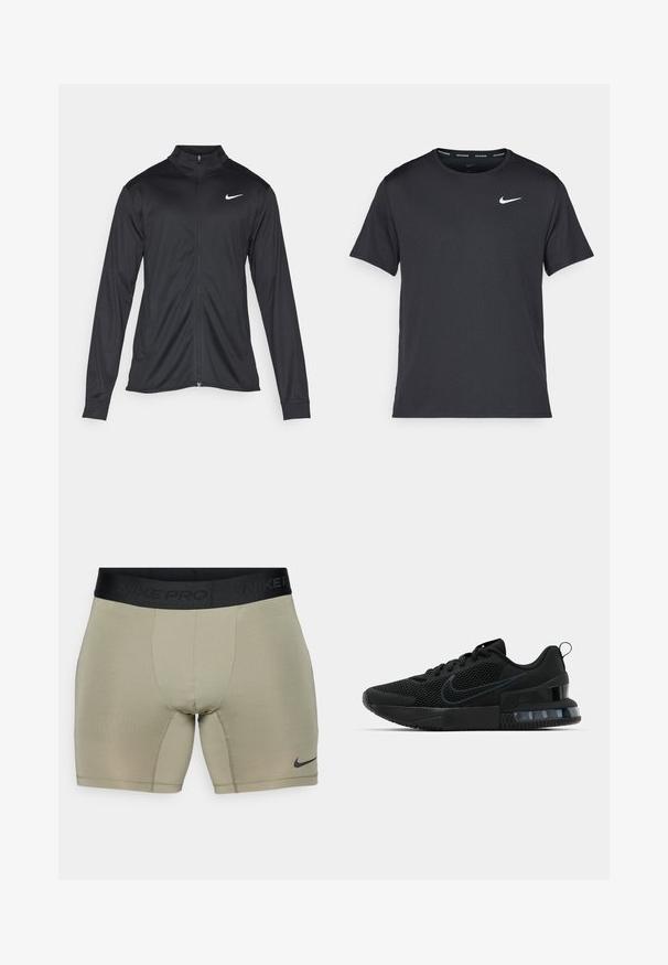Juodas sportinis švarkas su ilgomis rankovėmis, apykakle ir pilnu užtrauktuku. Yra subtilus baltas Nike logotipas kairėje krūtinės pusėje. Lygus tekstūra.; Juodas Nike bėgimo marškinėlis, pagamintas iš lengvos, kvėpuojančios medžiagos, turintis trumpas rankoves ir mažą baltą logotipą ant krūtinės.; Vyrų Nike Pro kompresiniai šortai šviesiai alyvuogių spalvos, su juodu diržu, kuriame iškilus ženklas, ir lygiu, elastingu audiniu.; Juodas Nike sportinis batas su tinklo viršumi, guminėmis padais, paminkštintu apykakle ir išskirtiniu skaidriu kulno akcentu.