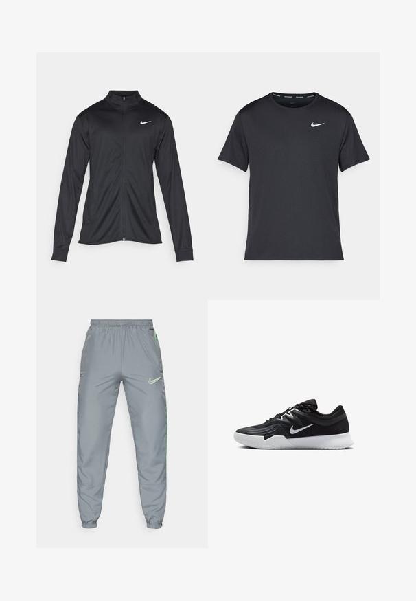 Zwarte sportjack met lange mouwen, kraag en volle rits. Voorzien van een subtiele Nike-logo in het wit op de bovenste linkerborst. Soepele textuur.; Zwarte Nike hardloop T-shirt gemaakt van lichtgewicht, ademend materiaal, met korte mouwen en een klein wit logo op de borst.; Nike trainingsbroek in grijze polyester met elastische tailleband, taps toelopende boorden en neongroene zijaccenten; heeft een logo op de rechter voorkant.; Zwarte sportieve schoen met een gestructureerde bovenkant, witte Nike swoosh en een witte rubberen zool. Beschikt over een veterontwerp en een dynamische vorm.