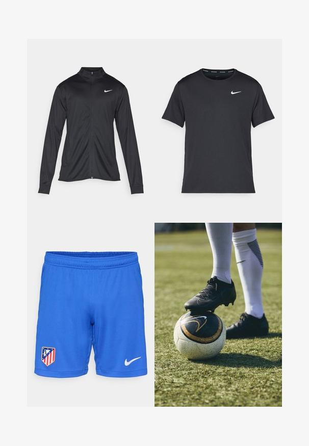 Black athletic jacket with long sleeves, collar, and full zipper. Features a subtle Nike logo in white on the upper left chest. Smooth texture.; Black Nike running T-shirt made of lightweight, breathable material, featuring short sleeves and a small white logo on the chest.; Blue athletic shorts with an elastic waistband, featuring a team logo on the left side and a white Nike swoosh on the right side.; Black soccer cleat on a white and black patterned soccer ball, resting on green grass. The cleat features textured material and laces.
