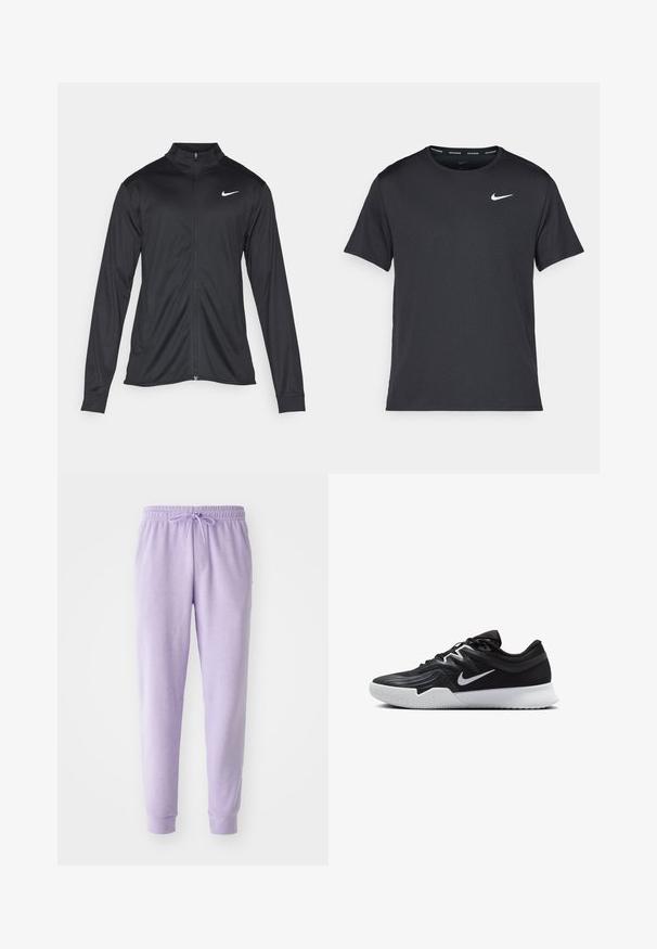 Svart idrottsjacka med långa ärmar, krage och full dragkedja. Har en diskret Nike-logga i vitt på övre vänstra bröstet. Slät yta.; Svart Nike löpeshirt i lätt, andningsbart material, med korta ärmar och en liten vit logotyp på bröstet.; Lavendel träningsbyxor med elastiskt midjeband och justerbar dragsko. Har en avsmalnande design och ribbad mudd. Mjuk tygkvalitet.; Svarta träningsskor med en texturerad ovandel, vit Nike-logga och en vit gummisula. Har snörningsdesign och en dynamisk form.