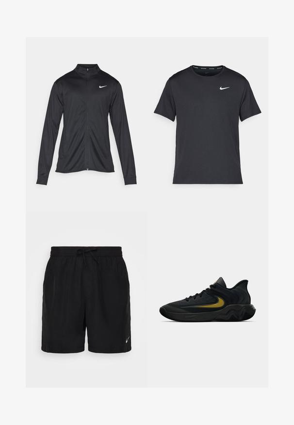 Jacket desportivo preto com mangas longas, colarinho e fecho zip completo. Apresenta um discreto logotipo da Nike em branco na parte superior do lado esquerdo do peito. Textura suave.; T-shirt de corrida Nike preto, feito de material leve e respirável, com mangas curtas e um pequeno logo branco no peito.; Calções atléticos pretos feitos de tecido leve, com um cós elástico com cordão e um pequeno logo da Nike branco no canto inferior direito.; Tênis atlético preto e cinza escuro com cadarços pretos e logotipo swoosh dourado, apresentando um design de sola ondulada e colarinho acolchoado no calcanhar.