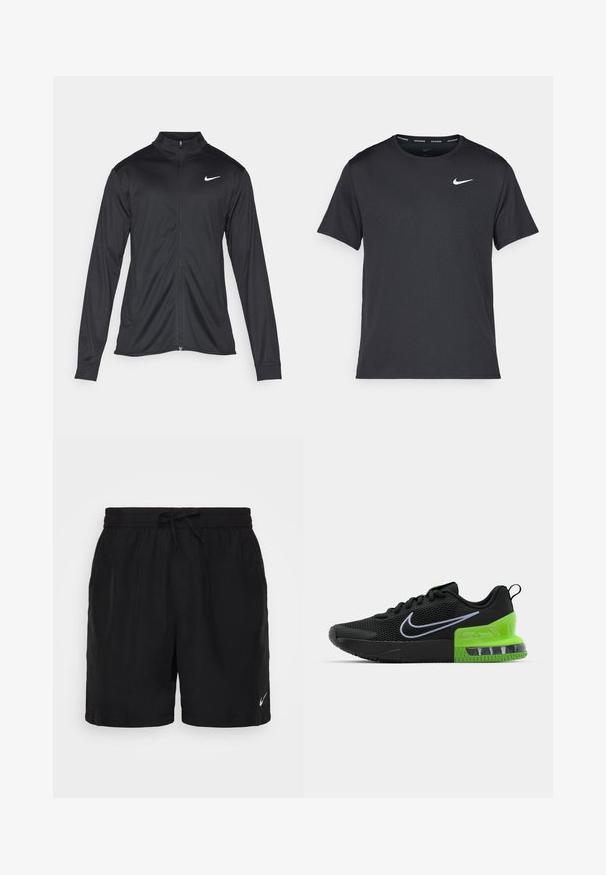 Črna atletska jakna z dolgimi rokavi, ovratnikom in polnim zadrgo. Vključuje diskreten bel Nike logotip na zgornjem levem delu prsnega koša. Gladka tekstura.; Črna tekaška majica Nike, izdelana iz lahkega in zračnega materiala, z kratkimi rokavi in majhnim belim logotipom na prsih.; Črne atletske kratke hlače iz lahkega materiala, opremljene z elastičnim pasom in vrvico ter majhnim belim Nike logotipom na spodnjem desnem delu.; Črne atletske čevlje z mrežasto zgornjimi deli, s temno zeleno in črno podplatom ter zračno blazino, ter belim logotipom Nike swoosh.