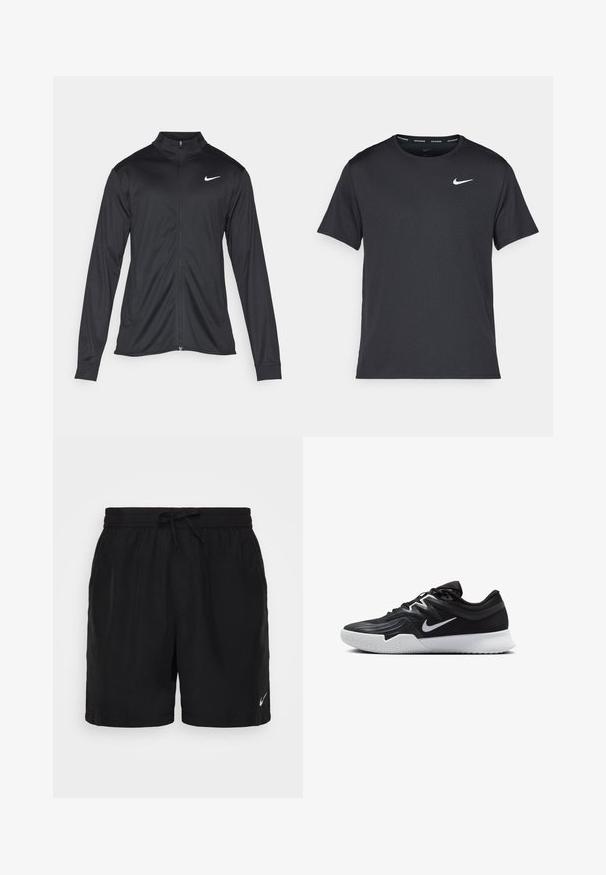 Melna sporta jaka ar garām piedurknēm, apkakli un pilnu rāvējslēdzēju. Uz kreisā krūts augšdaļas ir maigs Nike logo baltā krāsā. Gluda tekstūra.; Melna Nike skriešanas T-kreklā, kas izgatavots no viegla un elpojoša materiāla, ar īsām piedurknēm un mazu baltu logo uz krūtīm.; Melni sporta šorti, kas izgatavoti no viegla auduma, ar elastīgu jostasvietu un auklu, kā arī nelielu balto Nike logotipu apakšējā labajā stūrī.; Melni sporta apavi ar teksturētu virsu, balto Nike zulumu un balto gumijas zoli. Iezīmējas ar auklu pievilkšanas dizainu un dinamisku formu.