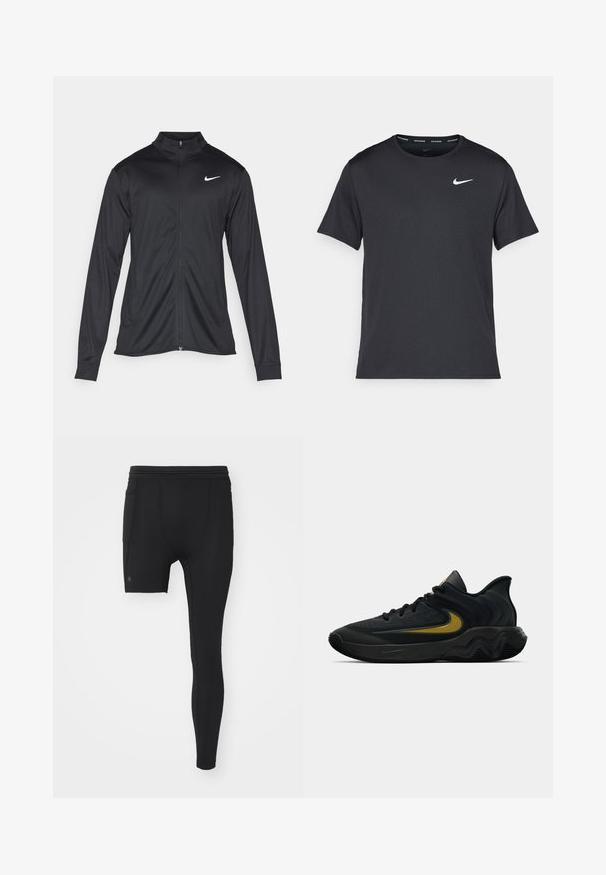 Melna sporta jaka ar garām piedurknēm, apkakli un pilnu rāvējslēdzēju. Uz kreisā krūts augšdaļas ir maigs Nike logo baltā krāsā. Gluda tekstūra.; Melna Nike skriešanas T-kreklā, kas izgatavots no viegla un elpojoša materiāla, ar īsām piedurknēm un mazu baltu logo uz krūtīm.; Melnas sporta legingi ar pieguļošu dizainu, gludu tekstūru un īsu iekšējo daļu. Iekļauta sānu kabata uz augšstilba.; Melna un tumši pelēka sporta apavu pāris ar melnām auklām un zelta Swoosh logo, ar viļņotu zolītes dizainu un polsterētu papēdi.