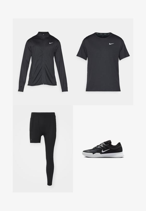 Czarna sportowa kurtka z długimi rękawami, kołnierzem i pełnym zamkiem. Posiada subtelne logo Nike w białym kolorze na lewej górnej części klatki piersiowej. Gładka tekstura.; Czarna koszulka do biegania Nike z lekkiego, oddychającego materiału, z krótkimi rękawami i małym białym logo na piersi.; Czarne legginsy sportowe z dopasowanym krojem, gładką fakturą i krótką wewnętrzną częścią. Zawierają boczną kieszeń na udzie.; Czarne buty sportowe z teksturowaną cholewką, białym logo Nike i białą gumową podeszwą. Charakteryzują się sznurowanym zapięciem i dynamicznym kształtem.