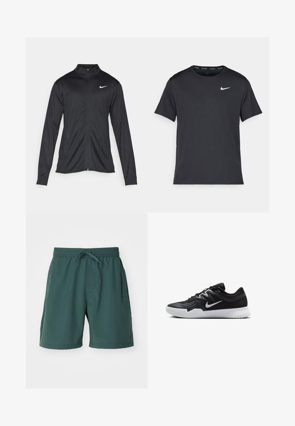Jacket desportivo preto com mangas longas, colarinho e fecho zip completo. Apresenta um discreto logotipo da Nike em branco na parte superior do lado esquerdo do peito. Textura suave.; T-shirt de corrida Nike preto, feito de material leve e respirável, com mangas curtas e um pequeno logo branco no peito.; Nike Performance FORM SHORT - Calções desportivos - vintage green/black; Sapatilha atlética preta com um cabedal texturizado, swoosh branco da Nike e uma sola de borracha branca. Apresenta um design com atacadores e uma forma dinâmica.
