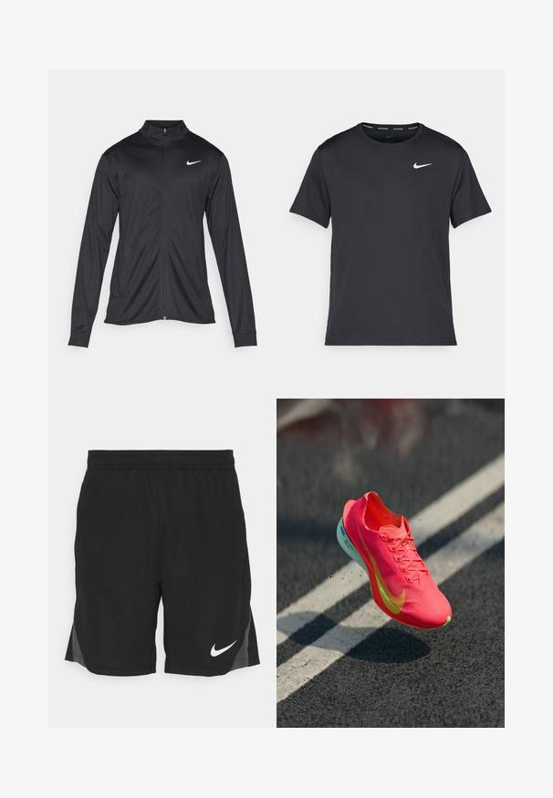 Must värvi sportlik jakk pikkade varrukatega, krae ja täispikk tõmblukk. Ülemises vasakus rinnas on diskreetne valge Nike logo. Sile tekstuur.; Mustamust Nike'i jooksupaita, mis on valmistatud kergest ja hingavast materjalist, lühikeste varrukatega ja mille rinnal on väike valge logo.; Mustad mustad spordilühemad, mis on valmistatud kergest kangast, millel on tekstuuriline muster, külg lõhed ja valge Nike logo alumises vasakus nurgas.; Kirkke roosa jooksu jalanõud tekstuuriga pealsega, kollaste aktsentidega ja kerge tallaga, mis näitab kerget hüpet tumedal pinnal.