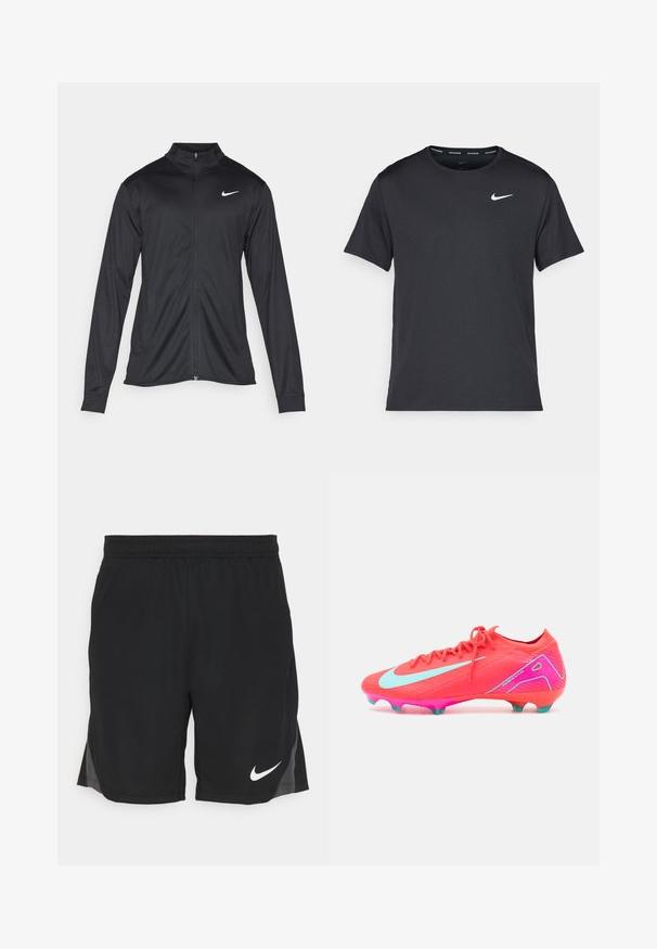 Čierna športová bunda s dlhými rukávmi, golierom a plným zipsom. Obsahuje nenápadné logo Nike v bielej farbe na hornej ľavej hrudi. Hladká textúra.; Čierne bežecké tričko Nike vyrobené z ľahkého a priedušného materiálu, s krátkymi rukávmi a malým bielym logom na hrudi.; Čierne športové šortky vyrobené z ľahkého materiálu, s textúrovaným vzorom, bočnými rozparkami a bielym logom Nike na dolnej ľavej strane.; Svetloružová futbalová kopačka s textúrovaným povrchom, svetlomodrými akcentmi a elegantným dizajnom. Obsahuje ružovú podrážku s tyrkysovými kolíčkami.