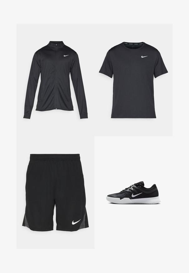 Svart idrettsjakke med lange ermer, krage og full glidelås. Har en subtil Nike-logo i hvitt på øvre venstre bryst. Glatt tekstur.; Svart Nike løpe-T-skjorte laget av lett, pustende stoff, med korte ermer og en liten hvit logo på brystet.; Svarte treningse Shorts laget av lett materiale, med et teksturert mønster, sideåpninger og en hvit Nike-logo på nedre venstre side.; Svart treningssko med teksturert overdel, hvit Nike-swoosh og hvit gummisåle. Har snøring og en dynamisk form.