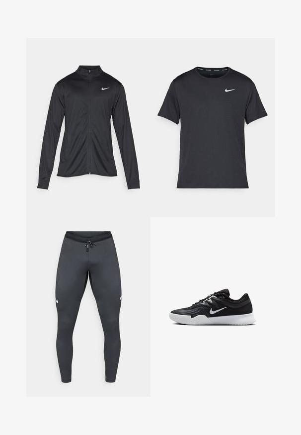 Czarna sportowa kurtka z długimi rękawami, kołnierzem i pełnym zamkiem. Posiada subtelne logo Nike w białym kolorze na lewej górnej części klatki piersiowej. Gładka tekstura.; Czarna koszulka do biegania Nike z lekkiego, oddychającego materiału, z krótkimi rękawami i małym białym logo na piersi.; Szare legginsy sportowe wykonane z elastycznej tkaniny, o dopasowanym kroju, żebrowanej teksturze i małym białym logo Nike na lewej nodze.; Czarne buty sportowe z teksturowaną cholewką, białym logo Nike i białą gumową podeszwą. Charakteryzują się sznurowanym zapięciem i dynamicznym kształtem.