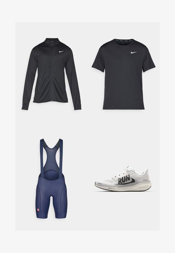 Juodas sportinis švarkas su ilgomis rankovėmis, apykakle ir pilnu užtrauktuku. Yra subtilus baltas Nike logotipas kairėje krūtinės pusėje. Lygus tekstūra.; Juodas Nike bėgimo marškinėlis, pagamintas iš lengvos, kvėpuojančios medžiagos, turintis trumpas rankoves ir mažą baltą logotipą ant krūtinės.; Jūriniai dviratininkų šortai su petnešomis, pagaminti iš tampraus audinio, su paminkštinta sėdyne ir raudonu logotipu ant blauzdos.; Balti sportiniai bateliai su tinkleliu, dideliu juodu "RUN" spaudiniu, šviesiai pilkais akcentais ir paminkštintu padu su "AIR 200M" ženklu.
