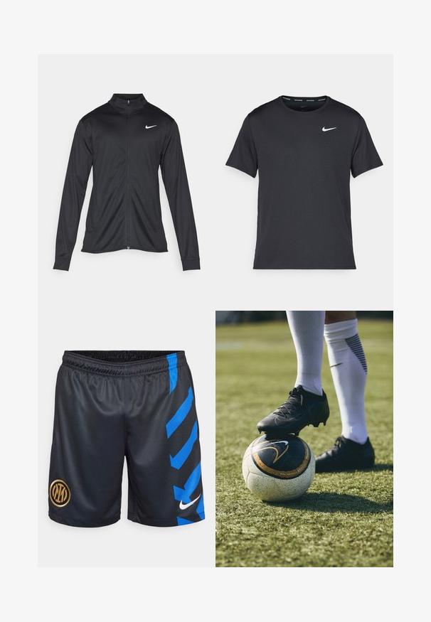 Chaqueta atlética negra con mangas largas, collar y cremallera completa. Presenta un sutil logo de Nike en blanco en la parte superior izquierda del pecho. Textura suave.; Camiseta de running negra de Nike, hecha de material ligero y transpirable, con mangas cortas y un pequeño logo blanco en el pecho.; Pantalones cortos deportivos negros con un acabado texturizado, que presentan rayas diagonales azules en los lados y un logo circular dorado. Marca Nike en blanco.; Botín de fútbol negro sobre un balón de fútbol con patrón blanco y negro, reposando sobre césped verde. El botín presenta un material texturizado y cordones.
