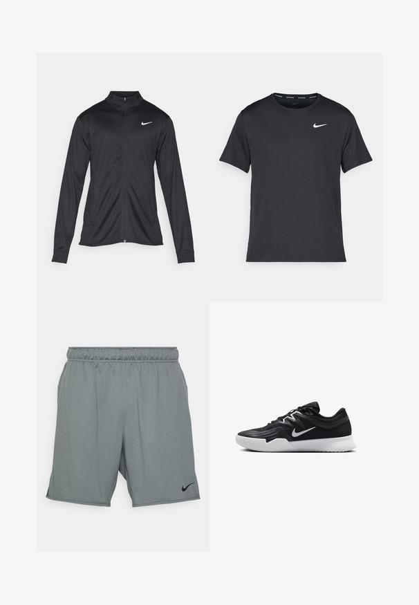 Fekete sportdzseki hosszú ujjal, gallérral és teljes cipzárral. Diszkrét fehér Nike logóval az upper bal mellen. Sima textúra.; Fekete Nike futó póló, könnyű, légáteresztő anyagból készült, rövid ujjú, és a mellkasán egy kicsi fehér logó található.; Szürke sportnadrág sima textúrájú anyagból. Gumis derékkal és oldalsó zsebekkel rendelkezik, fekete Nike logóval.; Fekete sportcipő texturált felsőrésszel, fehér Nike logóval és fehér gumitalppal. Fűzős kialakítással és dinamikus formával rendelkezik.