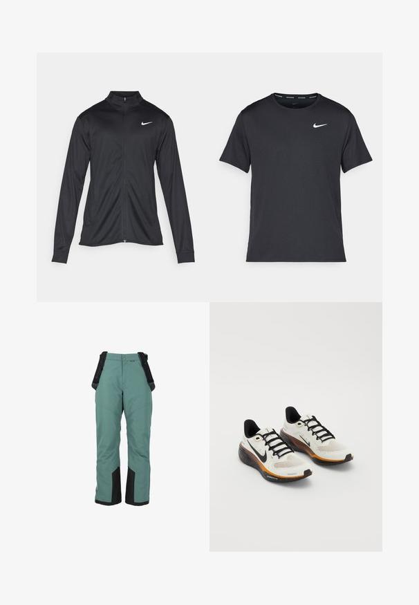 Svart idrottsjacka med långa ärmar, krage och full dragkedja. Har en diskret Nike-logga i vitt på övre vänstra bröstet. Slät yta.; Svart Nike löpeshirt i lätt, andningsbart material, med korta ärmar och en liten vit logotyp på bröstet.; Gröna vattentäta skidbyxor med justerbara remmar, svarta detaljer vid fållen och en lös passform för enkel rörelse. Förstärkta knäzoner.; Nike löparskor med ett vitt nätöverdrag, svarta snören, orange och svart sula med fläckig detaljering och en ventilerande design.