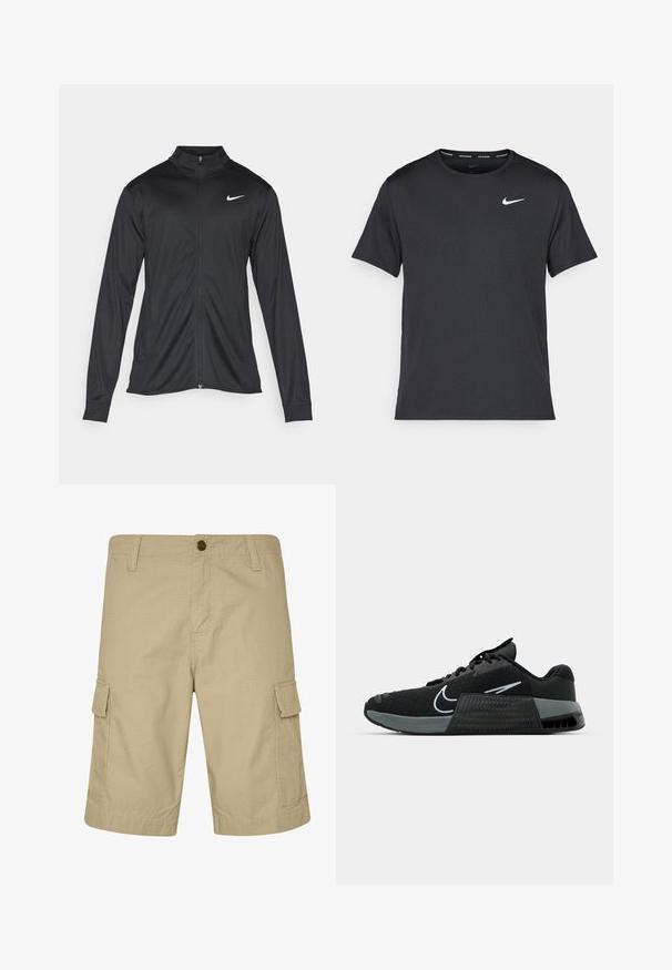 Schwarze Sportjacke mit langen Ärmeln, Kragen und voller Reißverschluss. Verfügt über ein dezentes Nike-Logo in Weiß auf der oberen linken Brust. Glatte Textur.; Schwarzes Nike Lauft-Shirt aus leichtem, atmungsaktivem Material, mit kurzen Ärmeln und einem kleinen weißen Logo auf der Brust.; Beige Cargo-Shorts aus leichtem Material, mit flachem Bund, Seitentaschen und strukturiertem Muster, entworfen für legere Kleidung.; Schwarzer Sportschuh mit mesh-Obermaterial, grauen Akzenten und strukturiertem Zwischensohle. Hat ein auffälliges Logo und ein Schnürdesign. Gummisohle für Halt.