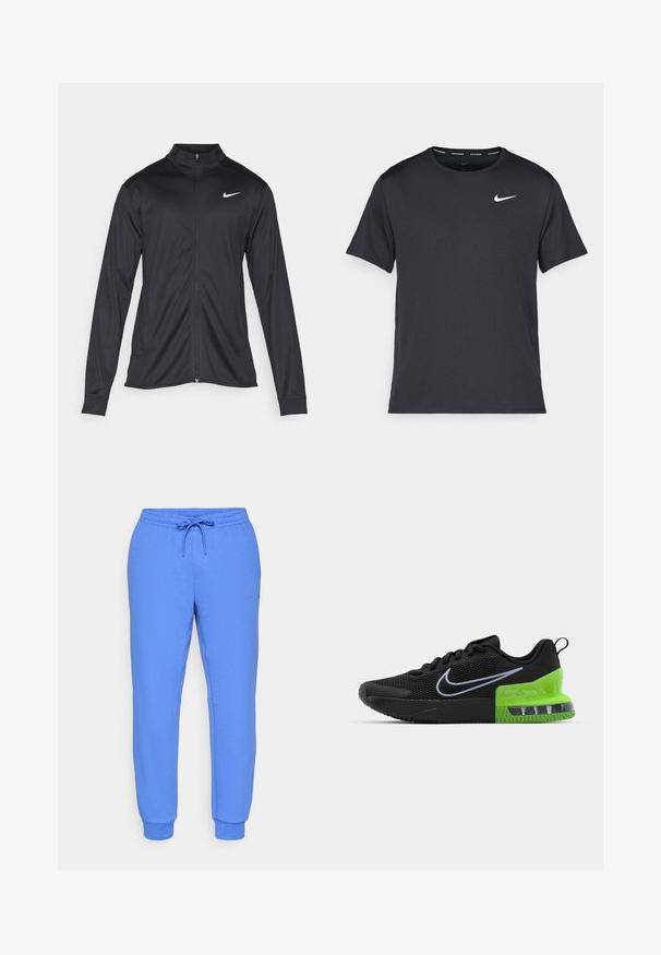 Must värvi sportlik jakk pikkade varrukatega, krae ja täispikk tõmblukk. Ülemises vasakus rinnas on diskreetne valge Nike logo. Sile tekstuur.; Mustamust Nike'i jooksupaita, mis on valmistatud kergest ja hingavast materjalist, lühikeste varrukatega ja mille rinnal on väike valge logo.; Sinised dressipüksid, mis on valmistatud siledast kangast, millel on elastne vöökoht, reguleeritav string, küljetaskud ja soonikkoes pahkluud.; Mustad mustreeritud must spordijalanõud, millel on võrkmaterjalist ülaosa, rohelise ja musta tallaga, mis sisaldab õhkpadja, ning valge Nike swooshi logo.