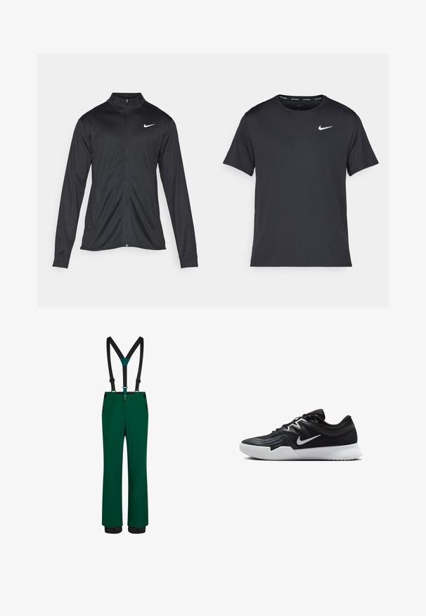 Juodas sportinis švarkas su ilgomis rankovėmis, apykakle ir pilnu užtrauktuku. Yra subtilus baltas Nike logotipas kairėje krūtinės pusėje. Lygus tekstūra.; Juodas Nike bėgimo marškinėlis, pagamintas iš lengvos, kvėpuojančios medžiagos, turintis trumpas rankoves ir mažą baltą logotipą ant krūtinės.; Žalios sniego kelnės su juodomis reguliuojamomis petnešomis, užtrauktukais kišenėmis, tiesiu kirpimu ir sustiprintais kraštais ilgaamžiškumui. Lygus paviršius.; Juodos sportinės bateliai su tekstūruota viršutine dalimi, balta Nike swoosh ir balta gumine išorine dalimi. Yra su raištelių užsegimo dizainu ir dinamine forma.