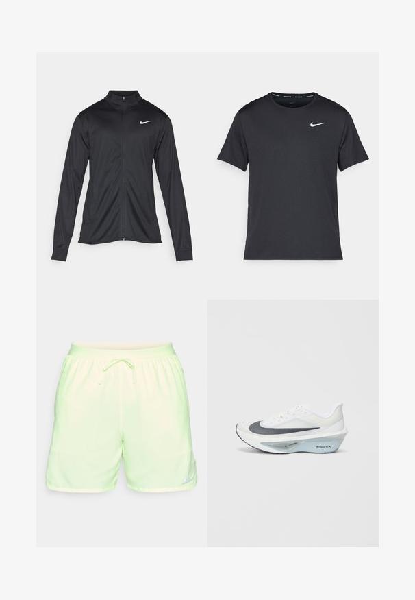 Sort atletisk jakke med lange ærmer, krave og fuld lynlås. Har et diskret Nike-logo i hvidt på den øverste venstre side af brystet. Glat tekstur.; Sort Nike løbe T-shirt lavet af let, åndbart materiale, med korte ærmer og et lille hvidt logo på brystet.; Lysegrønne løbeshorts med elastisk talje og snoretræk. Har et Nike-logo på den nederste højre ben og en glat tekstur.; Hvid atletiksko med en grå mesh-overdel, en blå ZoomX skum mellemsål og en buet ydersål for forbedret fremdrift og komfort.