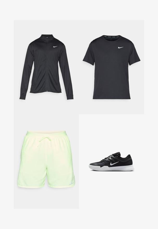 Veste de sport noire à manches longues, avec col et fermeture éclair intégrale. Présente un logo Nike subtil en blanc sur le côté supérieur gauche de la poitrine. Texture lisse.; T-shirt de course noir Nike en matériau léger et respirant, avec des manches courtes et un petit logo blanc sur la poitrine.; Shorts de course verts clair avec une taille élastique et un cordon de serrage. Présentent un logo Nike sur la jambe inférieure droite et une texture lisse.; Chaussure de sport noire avec une tige texturée, un swoosh blanc de Nike et une semelle extérieure en caoutchouc blanc. Elle présente un design à lacets et une forme dynamique.