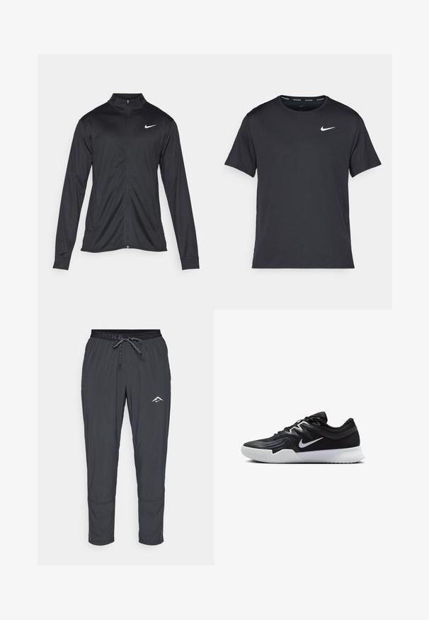 Melna sporta jaka ar garām piedurknēm, apkakli un pilnu rāvējslēdzēju. Uz kreisā krūts augšdaļas ir maigs Nike logo baltā krāsā. Gluda tekstūra.; Melna Nike skriešanas T-kreklā, kas izgatavots no viegla un elpojoša materiāla, ar īsām piedurknēm un mazu baltu logo uz krūtīm.; Nike vīriešu sašaurinātie bikses tumši pelēkā krāsā, ar stingrējo jostu, gludu tekstūru, logotipa detaļu un elastīgu aproci apakšmalā.; Melni sporta apavi ar teksturētu virsu, balto Nike zulumu un balto gumijas zoli. Iezīmējas ar auklu pievilkšanas dizainu un dinamisku formu.