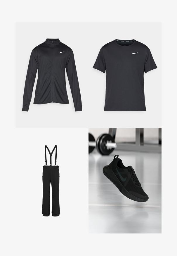 Must värvi sportlik jakk pikkade varrukatega, krae ja täispikk tõmblukk. Ülemises vasakus rinnas on diskreetne valge Nike logo. Sile tekstuur.; Mustamust Nike'i jooksupaita, mis on valmistatud kergest ja hingavast materjalist, lühikeste varrukatega ja mille rinnal on väike valge logo.; Mustad mustad püksid reguleeritavate rihmadega, esiküljel tõmblukk, külgmised tõmblukuga taskud ning elastsed mansetid hemil, et tagada kindel istuvus.; Must sportlik jalanõu tekstuurse võrkmaterjalist pealse, kummist tallaga ja märgatava tumeda Swoosh-logo. Omab polsterdatud kaelust ja paeladega kinnitust.