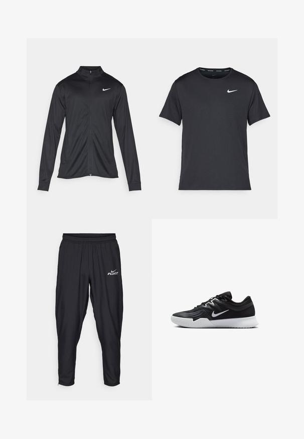 Čierna športová bunda s dlhými rukávmi, golierom a plným zipsom. Obsahuje nenápadné logo Nike v bielej farbe na hornej ľavej hrudi. Hladká textúra.; Čierne bežecké tričko Nike vyrobené z ľahkého a priedušného materiálu, s krátkymi rukávmi a malým bielym logom na hrudi.; Čierne športové nohavice s elastickým pásom, so zúženým strihom, bočnými vreckami a reflexným logom Nike na prednej strane.; Čierna športová topánka s textúrovaným zvrškom, bielym logom Nike a bielou gumovou podrážkou. Má šnurovací dizajn a dynamický tvar.
