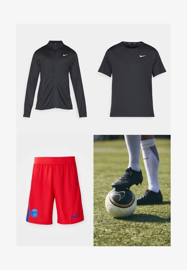 Melna sporta jaka ar garām piedurknēm, apkakli un pilnu rāvējslēdzēju. Uz kreisā krūts augšdaļas ir maigs Nike logo baltā krāsā. Gluda tekstūra.; Melna Nike skriešanas T-kreklā, kas izgatavots no viegla un elpojoša materiāla, ar īsām piedurknēm un mazu baltu logo uz krūtīm.; Sarkanie sporta šorti ar ribotu tekstūru, ar zilu sānu paneļa un apaļu logotipu uz kreisā kājas. Elastīga jostasvieta komfortam.; Melni futbola apavi uz baltiem un melniem rakstiem rotātas futbola bumbas, kas atpūšas uz zaļās zāles. Apaviem ir strukturēts materiāls un šņorēšana.