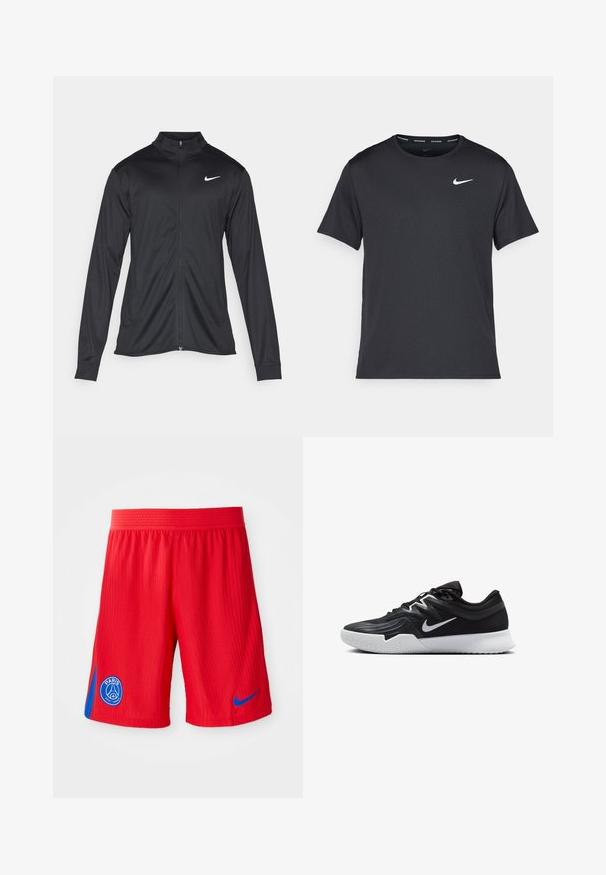 Fekete sportdzseki hosszú ujjal, gallérral és teljes cipzárral. Diszkrét fehér Nike logóval az upper bal mellen. Sima textúra.; Fekete Nike futó póló, könnyű, légáteresztő anyagból készült, rövid ujjú, és a mellkasán egy kicsi fehér logó található.; Piros sportnadrág bordázott textúrával, kék oldalsó panelek és kör alakú logó a bal lábon. Rugalmas derekú, a kényelem érdekében.; Fekete sportcipő texturált felsőrésszel, fehér Nike logóval és fehér gumitalppal. Fűzős kialakítással és dinamikus formával rendelkezik.