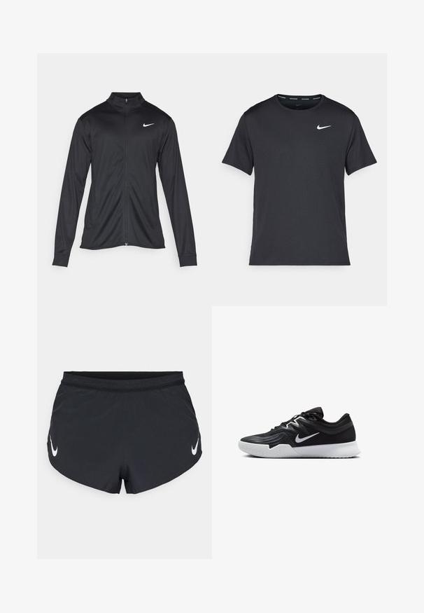 Svart idrottsjacka med långa ärmar, krage och full dragkedja. Har en diskret Nike-logga i vitt på övre vänstra bröstet. Slät yta.; Svart Nike löpeshirt i lätt, andningsbart material, med korta ärmar och en liten vit logotyp på bröstet.; Svarta idrottsshorts i lättviktsmaterial, med en strukturerad midja och en vit Nike-logotyp på vänster sida.; Svarta träningsskor med en texturerad ovandel, vit Nike-logga och en vit gummisula. Har snörningsdesign och en dynamisk form.