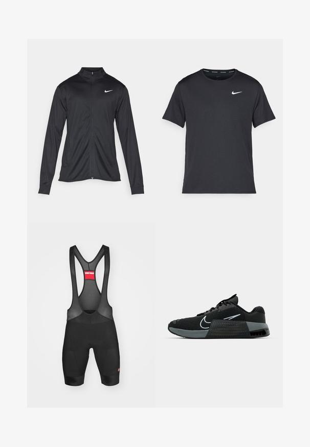 Black athletic jacket with long sleeves, collar, and full zipper. Features a subtle Nike logo in white on the upper left chest. Smooth texture.; Black Nike running T-shirt made of lightweight, breathable material, featuring short sleeves and a small white logo on the chest.; Black cycling bib shorts with mesh straps, padded seat, and elastic leg cuffs. Features a small red brand logo near the hem.; Black athletic shoe with mesh upper, grey accents, and textured midsole. Features a prominent logo and lace-up design. Rubber outsole for traction.