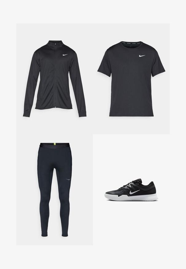 Black athletic jacket with long sleeves, collar, and full zipper. Features a subtle Nike logo in white on the upper left chest. Smooth texture.; Black Nike running T-shirt made of lightweight, breathable material, featuring short sleeves and a small white logo on the chest.; Navy athletic leggings made of stretch fabric, featuring a smooth waistband, slim fit, and reflective logo on the side.; Black athletic shoe with a textured upper, white Nike swoosh, and a white rubber outsole. Features a lace-up design and dynamic shape.