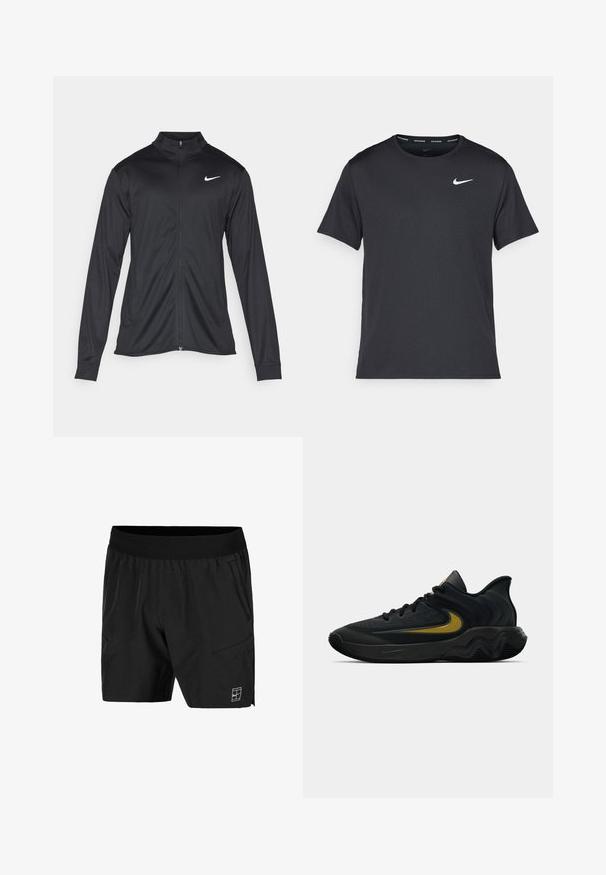 Jacket desportivo preto com mangas longas, colarinho e fecho zip completo. Apresenta um discreto logotipo da Nike em branco na parte superior do lado esquerdo do peito. Textura suave.; T-shirt de corrida Nike preto, feito de material leve e respirável, com mangas curtas e um pequeno logo branco no peito.; Calções pretos feitos de tecido leve, com um cós elástico, bolsos laterais e um logótipo branco na parte inferior direita da frente.; Tênis atlético preto e cinza escuro com cadarços pretos e logotipo swoosh dourado, apresentando um design de sola ondulada e colarinho acolchoado no calcanhar.