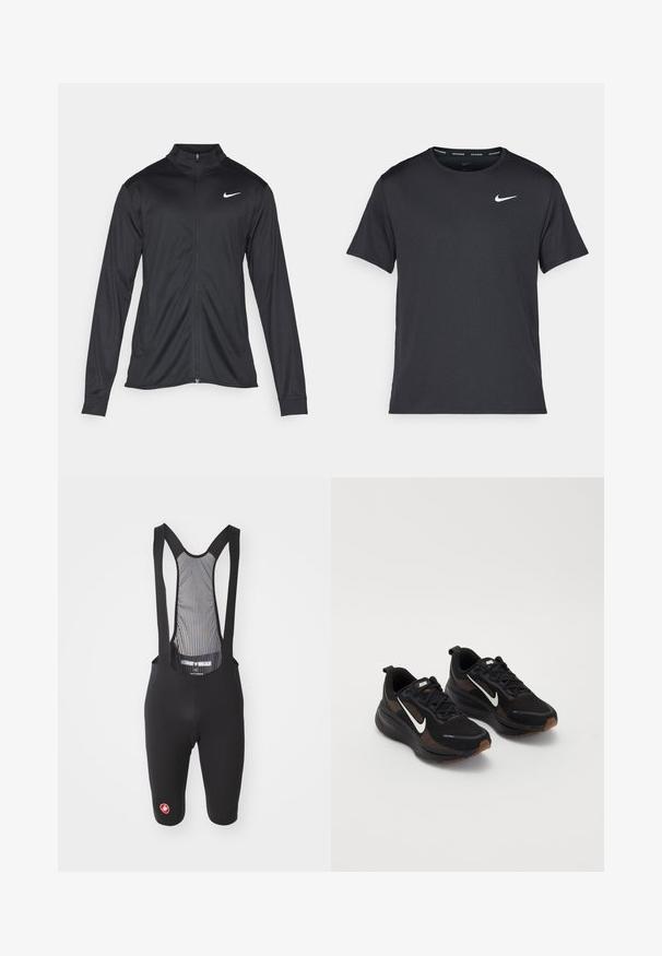 Fekete sportdzseki hosszú ujjal, gallérral és teljes cipzárral. Diszkrét fehér Nike logóval az upper bal mellen. Sima textúra.; Fekete Nike futó póló, könnyű, légáteresztő anyagból készült, rövid ujjú, és a mellkasán egy kicsi fehér logó található.; Fekete kerékpáros bib sort állítható pántokkal és hálós háttal. A lábszáron logóval és párnázott üléssel a kényelemért.; Fekete sportcipők légáteresztő hálós felsőrésszel, fehér Nike logóval, texturált talppal és kontrasztos barna díszítésekkel. Erősített sarokkal rendelkezik.