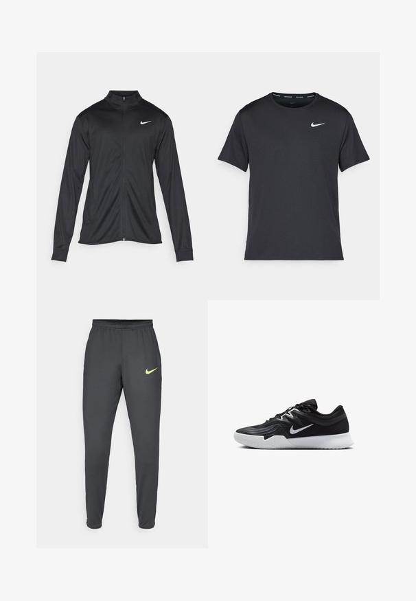 Chaqueta atlética negra con mangas largas, collar y cremallera completa. Presenta un sutil logo de Nike en blanco en la parte superior izquierda del pecho. Textura suave.; Camiseta de running negra de Nike, hecha de material ligero y transpirable, con mangas cortas y un pequeño logo blanco en el pecho.; Pantalones deportivos Nike grises con un diseño ajustado, cintura elástica y un logo amarillo neón en el muslo izquierdo, textura suave, sin bolsillos visibles.; Zapatilla deportiva negra con parte superior texturizada, logo de Nike en blanco y suela de goma blanca. Tiene un diseño con cordones y una forma dinámica.
