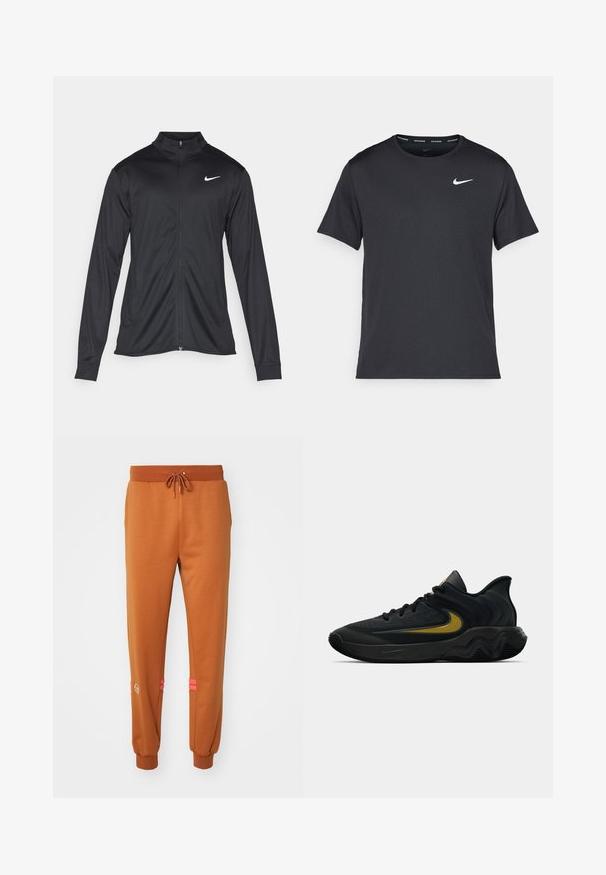 Čierna športová bunda s dlhými rukávmi, golierom a plným zipsom. Obsahuje nenápadné logo Nike v bielej farbe na hornej ľavej hrudi. Hladká textúra.; Čierne bežecké tričko Nike vyrobené z ľahkého a priedušného materiálu, s krátkymi rukávmi a malým bielym logom na hrudi.; Hnedé tepláky s elastickým pásom a šnúrkou; majú ružové zvýrazňujúce pruhy a vyšívané logo pri členku; mäkká, textúrovaná látka.; Čierna a tmavošedá športová obuv s čiernymi šnúrkami a zlatým logom v tvare klíča, s vlnitým dizajnom podrážky a polstrovaným golierom na päte.