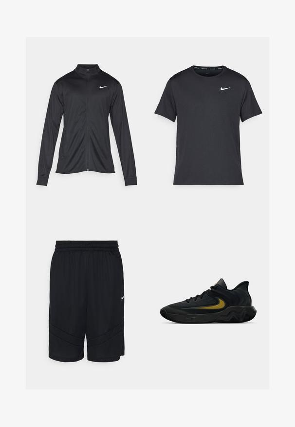 Black athletic jacket with long sleeves, collar, and full zipper. Features a subtle Nike logo in white on the upper left chest. Smooth texture.; Black Nike running T-shirt made of lightweight, breathable material, featuring short sleeves and a small white logo on the chest.; Black sports shorts featuring a mesh texture, elastic waistband, and angled stripe design on the sides. Includes a small white logo.; Black and dark gray athletic shoe with black laces and gold swoosh logo, featuring a wavy sole design and padded heel collar.