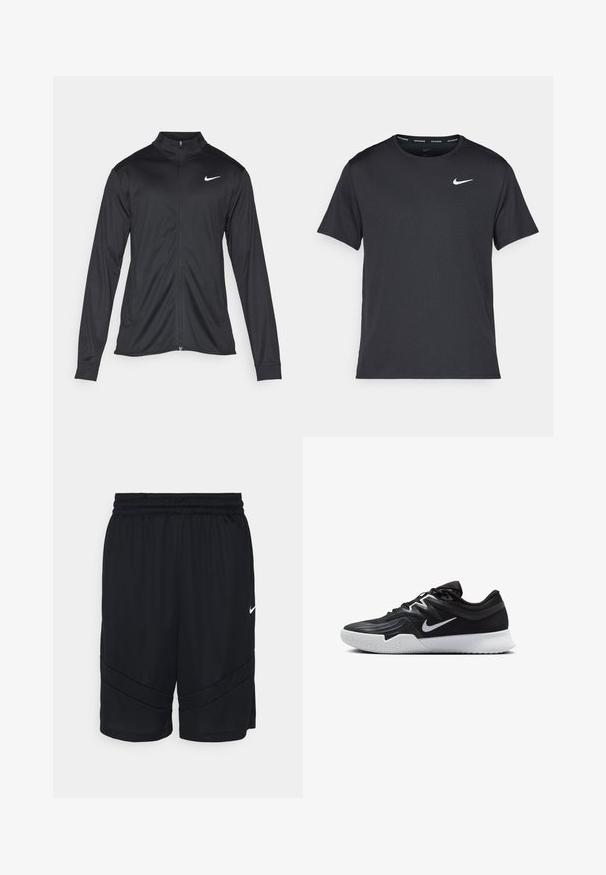 Must värvi sportlik jakk pikkade varrukatega, krae ja täispikk tõmblukk. Ülemises vasakus rinnas on diskreetne valge Nike logo. Sile tekstuur.; Mustamust Nike'i jooksupaita, mis on valmistatud kergest ja hingavast materjalist, lühikeste varrukatega ja mille rinnal on väike valge logo.; Mustad muste sportlikud lühikesed püksid, milles on võrktüüpi tekstuur, elastne vöökoht ja diagonaalid triibud külgedel. Sisaldab väikest valget logo.; Must mustad jalanikesad rikaste ülaservaga, valge Nike swoosh'i ja valge kummist välispõhjaga. Omab paeltega sulgemisdetaili ja dünaamilist kuju.