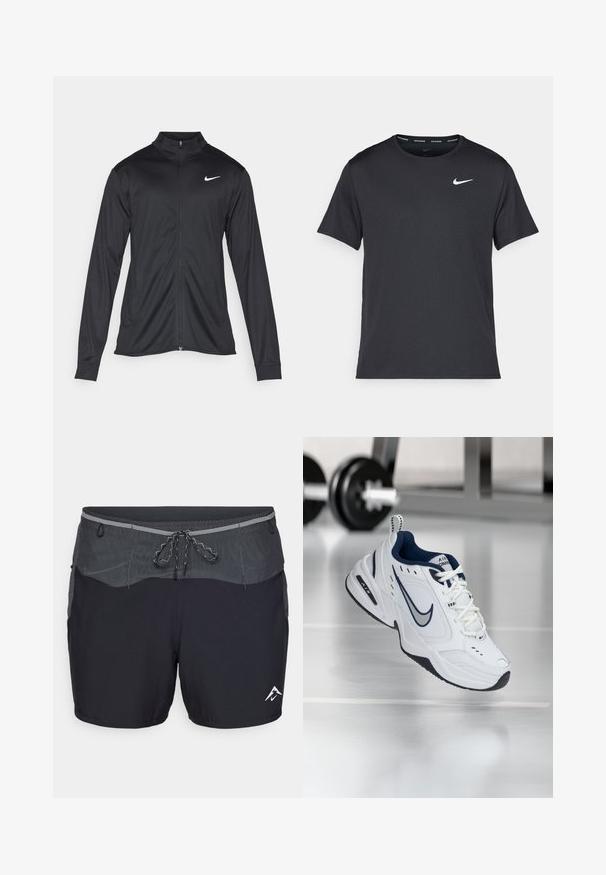Must värvi sportlik jakk pikkade varrukatega, krae ja täispikk tõmblukk. Ülemises vasakus rinnas on diskreetne valge Nike logo. Sile tekstuur.; Mustamust Nike'i jooksupaita, mis on valmistatud kergest ja hingavast materjalist, lühikeste varrukatega ja mille rinnal on väike valge logo.; Mustad mustrid spordilühikesed, halli vöökohtaga, nööridega ja võrgusilma detailidega. Umbes alumises paremas nurgas on valge logo. Kerge kangas.; Valge sportlik king, millel on tumesinine aktsent, võrgusilmast ja nahast ülemine osa, tugevdusvarvas ja must kummist sisetald. Omab eristuvat Nike brändimist.
