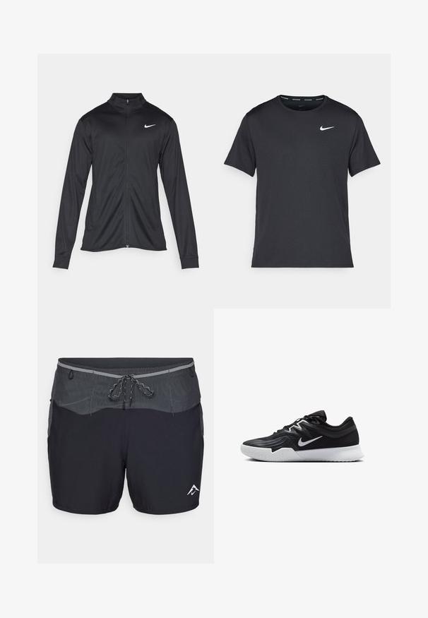 Svart idrottsjacka med långa ärmar, krage och full dragkedja. Har en diskret Nike-logga i vitt på övre vänstra bröstet. Slät yta.; Svart Nike löpeshirt i lätt, andningsbart material, med korta ärmar och en liten vit logotyp på bröstet.; Svarta sportshorts med en grå midja, snörning och meshdetaljer. Har en vit logotyp på nedre högra sidan. Lättviktsmaterial.; Svarta träningsskor med en texturerad ovandel, vit Nike-logga och en vit gummisula. Har snörningsdesign och en dynamisk form.