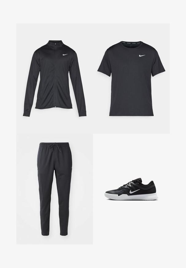 Svart idrottsjacka med långa ärmar, krage och full dragkedja. Har en diskret Nike-logga i vitt på övre vänstra bröstet. Slät yta.; Svart Nike löpeshirt i lätt, andningsbart material, med korta ärmar och en liten vit logotyp på bröstet.; Svarta sweatpants gjorda av ett mjukt, stretchy tyg. Har ett elastiskt midjeband med snörning och avsmalnande ben med mudd.; Svarta träningsskor med en texturerad ovandel, vit Nike-logga och en vit gummisula. Har snörningsdesign och en dynamisk form.