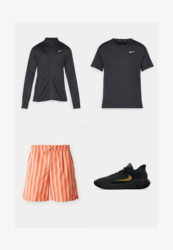 Schwarze Sportjacke mit langen Ärmeln, Kragen und voller Reißverschluss. Verfügt über ein dezentes Nike-Logo in Weiß auf der oberen linken Brust. Glatte Textur.; Schwarzes Nike Lauft-Shirt aus leichtem, atmungsaktivem Material, mit kurzen Ärmeln und einem kleinen weißen Logo auf der Brust.; Orange und hellpfirsichfarbene gestreifte Badeshorts mit elastischem Bund, verstellbarem Kordelzug und einem kleinen Logodetail auf der Vorderseite.; Schwarzer und dunkelgrauer Sportschuh mit schwarzen Schnürsenkeln und goldenem Swoosh-Logo, ausgestattet mit einem gewellten Sohlen design und gepolstertem Fersenkragen.