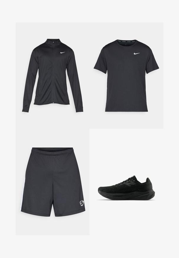 Jacket desportivo preto com mangas longas, colarinho e fecho zip completo. Apresenta um discreto logotipo da Nike em branco na parte superior do lado esquerdo do peito. Textura suave.; T-shirt de corrida Nike preto, feito de material leve e respirável, com mangas curtas e um pequeno logo branco no peito.; Calções desportivos pretos com cós elástico, apresentando uma faixa lateral branca e um pequeno logótipo branco da Nike na parte inferior da perna esquerda.; Sapatilha atlética preta com parte superior texturizada, apresentando um design elegante, fecho com atacadores e uma sola mais espessa com padrão para melhorar a aderência.