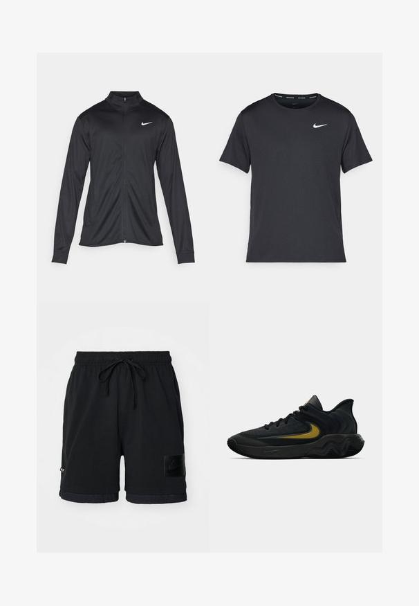 Must värvi sportlik jakk pikkade varrukatega, krae ja täispikk tõmblukk. Ülemises vasakus rinnas on diskreetne valge Nike logo. Sile tekstuur.; Mustamust Nike'i jooksupaita, mis on valmistatud kergest ja hingavast materjalist, lühikeste varrukatega ja mille rinnal on väike valge logo.; Mustavad spordilühikesed püksid, millel on reguleeritav nööriga vöökoht, sile kangas ja küljetasku, kus on läikiv must Nike'i logo tähis.; Mustmust värvi ja tumeda halli sportlik king, millel on mustad paelad ja kuldne swooshi logo, ning laineline tald ja pehmendatud kand.