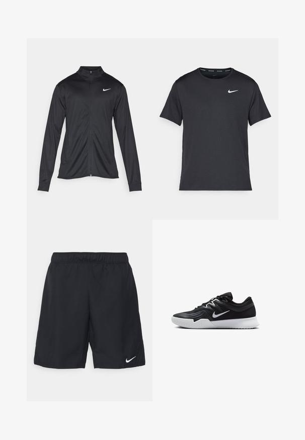 Crna sportska jakna s dugim rukavima, ovratnikom i punim patentnim zatvaračem. Ima suptilan Nike logo u bijeloj boji na gornjem lijevom dijelu prsne oznake. Glatka tekstura.; Crna Nike majica za trčanje napravljena od laganog, prozračnog materijala, s kratkim rukavima i malim bijelim logotipom na prsima.; Crne atletske šorceve s elastičnom gumom u struku. Izrađeni su od lagane tkanine s bijelim Nike logotipom na donjoj desnoj strani.; Crna sportska cipela s teksturiranim gornjim dijelom, bijelim Nike swooshom i bijelim gumennim potplatom. Ima dizajn s vezanjem i dinamičan oblik.