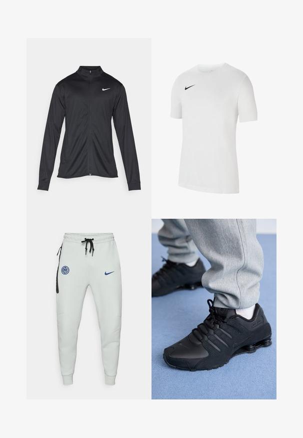 Veste de sport noire à manches longues, avec col et fermeture éclair intégrale. Présente un logo Nike subtil en blanc sur le côté supérieur gauche de la poitrine. Texture lisse.; T-shirt blanc à manches courtes en coton avec un col rond, arborant un logo Nike swoosh noir sur la partie gauche de la poitrine.; Jogging gris clair en tissu doux, avec une poche d'accent noir, des patchs de logo bleus, une taille avec cordon de serrage ajustable et des poignets ajustés.; Personne portant des baskets Nike Shox noires et un pantalon de survêtement gris, debout sur un tapis bleu clair.