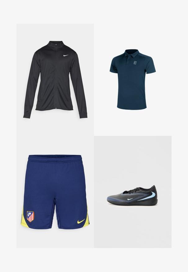 Melna sporta jaka ar garām piedurknēm, apkakli un pilnu rāvējslēdzēju. Uz kreisā krūts augšdaļas ir maigs Nike logo baltā krāsā. Gluda tekstūra.; Jūras zila polo krekls, kas izgatavots no gludas auduma, ar apkakles kakla izgriezumu un īsām piedurknēm. Uz krūtīm ir neliels balts logotipa elements.; Jūras zilas sporta šorti ar dzelteniem akcentiem, ar komandas logotipa ielīmējumu un nelielu Nike swoosh. Izgatavoti no elpojoša auduma.; Melna un zila zema profila sporta apavu pāris ar teksturētu virsmu, melnām šņorēm un gaiši zilām Nike žilbinošām logrām sānos un zolē.